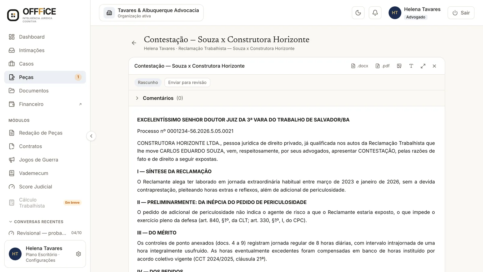 Editor de peças do OFFFICE com uma contestação aberta
