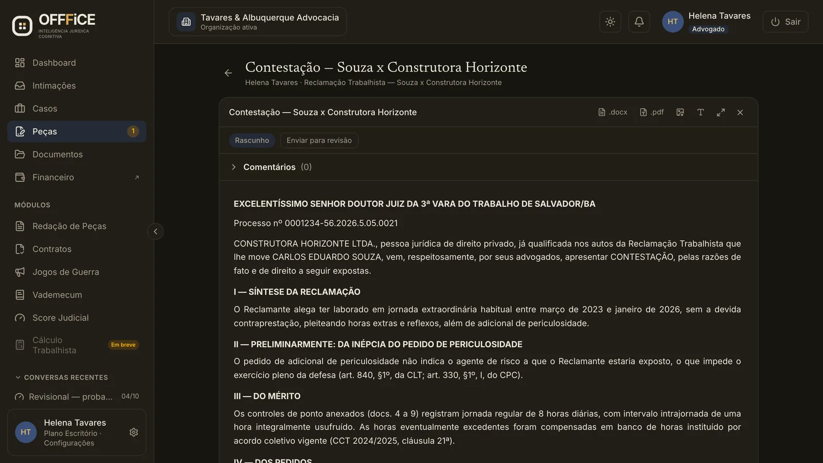 Editor de peças do OFFFICE com uma contestação aberta