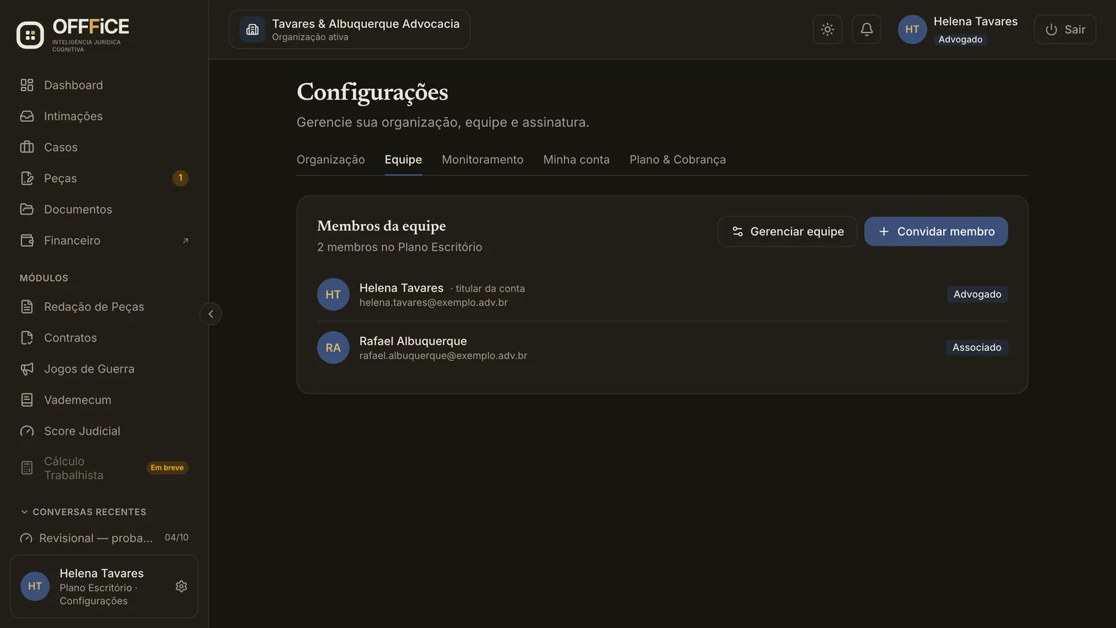 Tela da equipe com os membros do escritório e seus papéis
