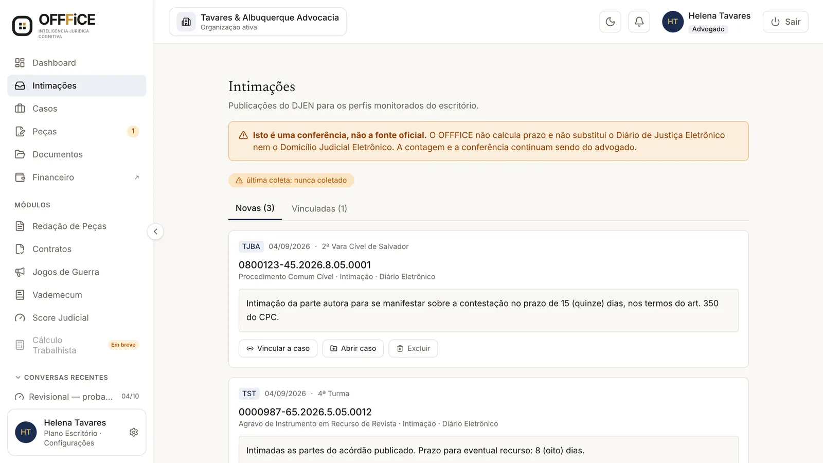Lista de intimações do DJEN com vínculo ao caso