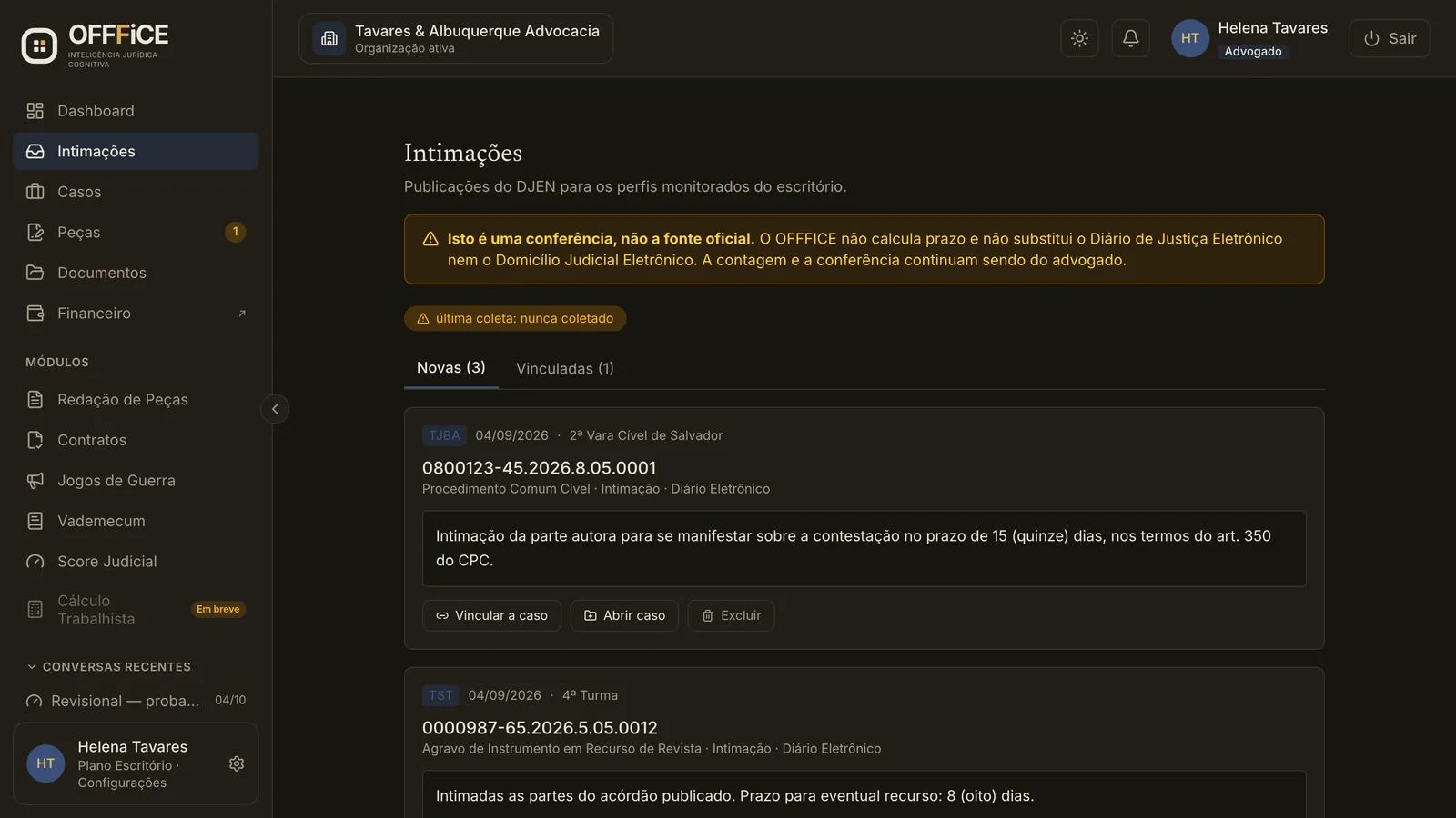 Lista de intimações do DJEN com vínculo ao caso