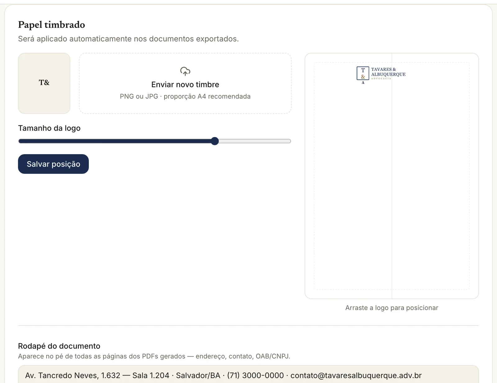 Papel timbrado do escritório com logomarca e rodapé