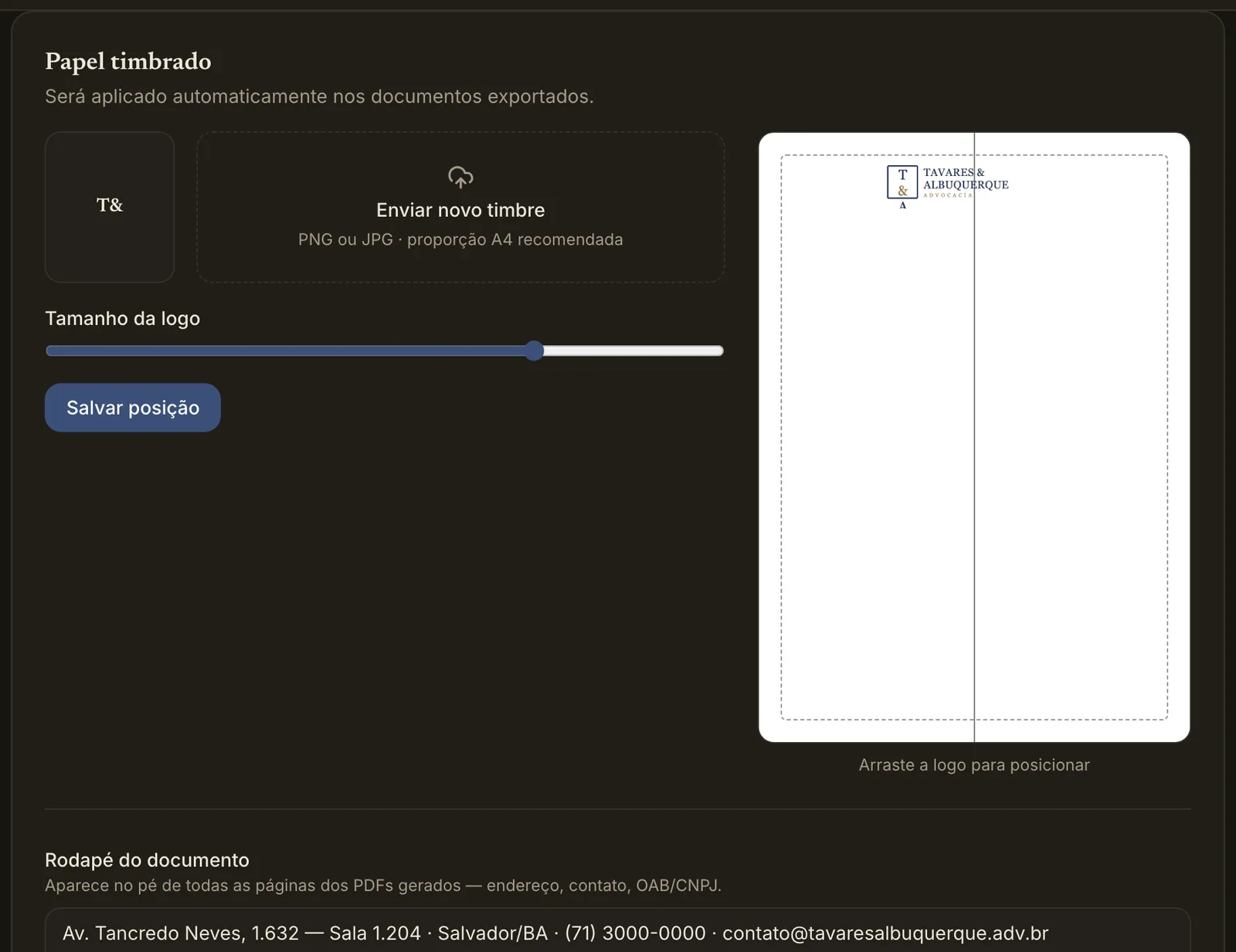 Papel timbrado do escritório com logomarca e rodapé